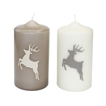 Motif candle / Christmas candle DALDI, deer motif, set of 2, beige, 5.9"/15cm, Ø 3.1"/8cm, 69h - Made in Germany