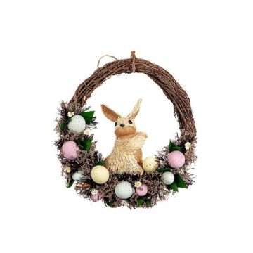 Easter decorative wreath NANOUK with bunny, eggs, flowers, brushwood, pink-blue-yellow, 3.3"/8,5cm, Ø13"/34cm