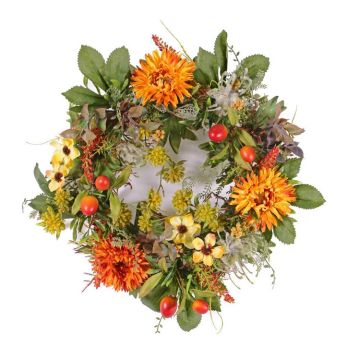 Decorative autumn wreath SABINE, with gerbera, yellow-orange, Ø 12"/30cm