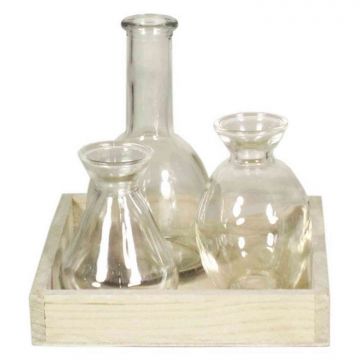 Small glass bottles KAYRA, 3 pieces with wooden tray, cylinder/round, clear, 7"x7"x6"/17x17x16cm 