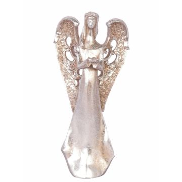 Decorative angel figure PINTA, flower reaching, silver-copper, 12"/30cm