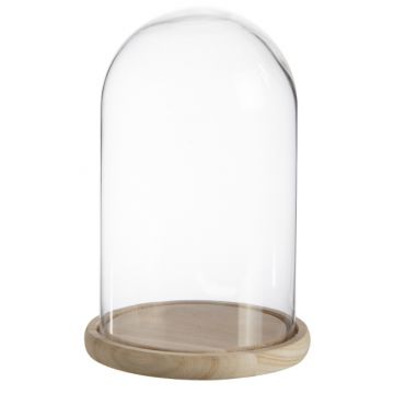 Glass bell SABIKA with wooden base, transparent, 8"/21cm, Ø5.5"/14cm