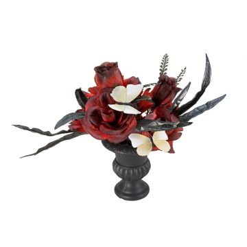 Halloween bouquet table decoration LESCADIA with roses, butterflies, red-black, 30cm, Ø25cm