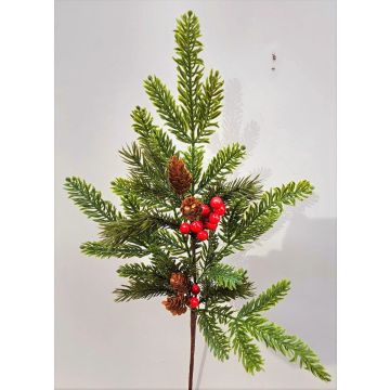 Artificial branch VARDALIA, fir, berries, cones, red-green, 30"/75cm