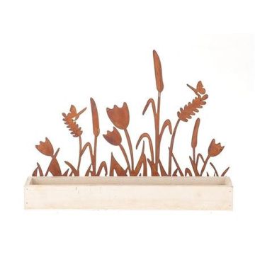 Decorative tray made of wood HIFTU with 6 glass bottles, zinc flowers, rust, 14"x2.4"x11"/35x6x28,5cm
