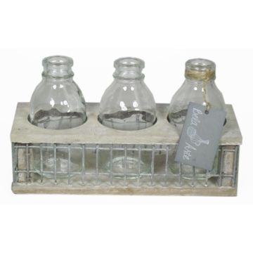 Glass bottles LEATRICE OCEAN in wooden box, 3 glasses, clear, 8"x3.1"x4.3"/21x8x11cm