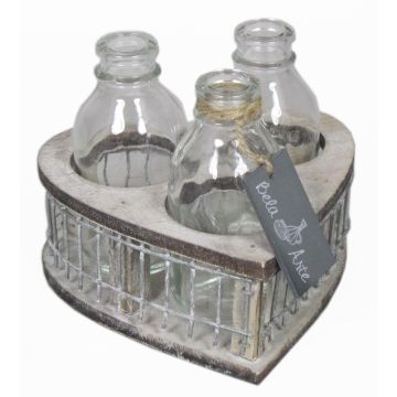Glass bottles LEATRICE OCEAN in wooden box, 3 glasses, clear, 4.3"/11cm, Ø6"/15cm