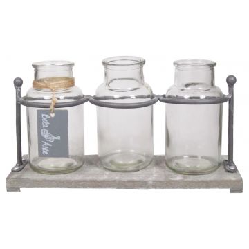 Glass bottles LORRIE with wooden stand, 3 glasses, clear, 11"x4"x5.7"/27,5x10x14,5cm