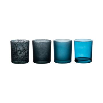 Tealight holder LYLA made of glass, 4 pieces, turquoise-blue, 3.5"/9cm, Ø3.1"/8cm
