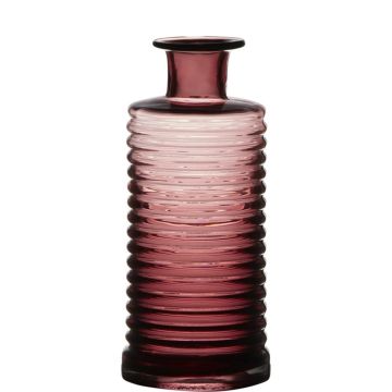 Glass decor bottle STUART with grooves, pink-clear, 8"/21,5cm, Ø3.7"/9,5cm