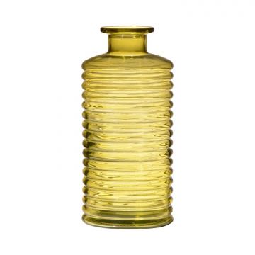 Glass decor bottle STUART with grooves, yellow-clear, 8"/21,5cm, Ø3.7"/9,5cm