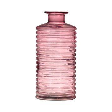Decor glass bottle STUART with grooves, pink-clear, 12"/31cm, Ø5.7"/14,5cm