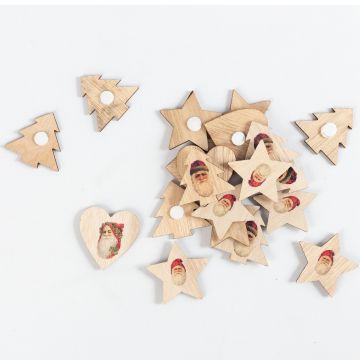 Wooden scatter decoration LIEVEN with Father Christmas motif, fir tree, heart, star, glue dot, beige-red, 4,5x4,5cm