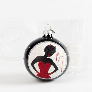 Glass christmas ball FIAMMA with woman devil, black-white, Ø8cm