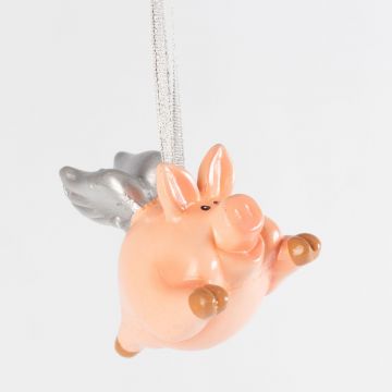 Deco pig pendant EMBLA with wings, ceramic, pink-silver, 7x5x7cm