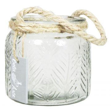 Candle holder FEENA made of glass, leaf relief, handle, transparent, 4.1"/10,5 cm, Ø 4.3"/11 cm