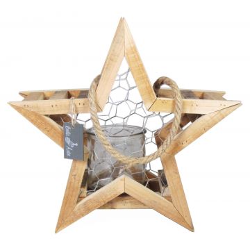 Wooden lantern KIONI star shape, tealight glass, handle, beige, 17"/43 cm, Ø 14"/36 cm