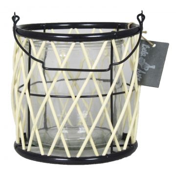 Lantern Industrial KEVAN, bamboo-metal, candle glass, handle, beige-black, 10.2"/26 cm, Ø 6"/15 cm