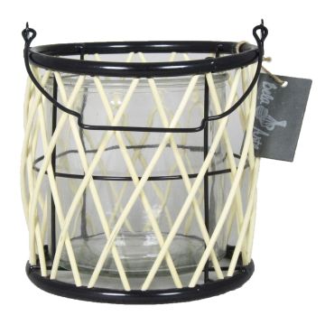 Lantern Industrial KEVAN, bamboo-metal, candle glass, handle, beige-black, 9"/24 cm, Ø 4.7"/12 cm
