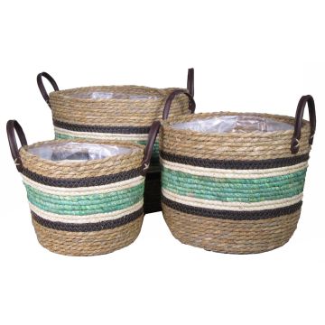 Planter basket KIONA with handle, 3 pieces, turquoise-beige, 8"-12"/20-30 cm, Ø 10"-14"/25-36 cm