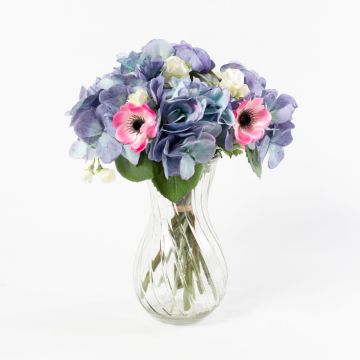 Decorative hydrangea bouquet PENELOPE anemone, blue-white, 12"/30cm, Ø 8"/20cm