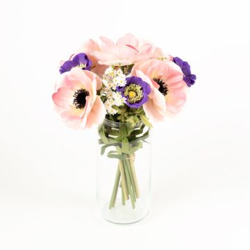 Decorative bouquet AIMEE, anemones and daisies, blue-pink, 12"/30cm, Ø 8"/20cm
