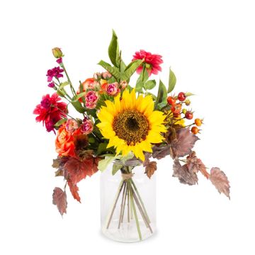 Decorative autumn bouquet JORA, yellow-orange-fuchsia, 22"/55cm, Ø16"/40cm