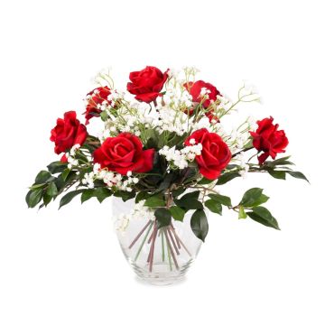 Artificial rose bouquet AMELIE, baby's breath, red, 18"/45cm, Ø16"/40cm