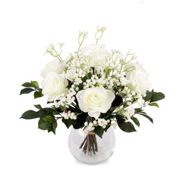 Artificial bouquet of roses and baby's breath ELLI, cream-pink, 14"/35cm, Ø 12"/30cm