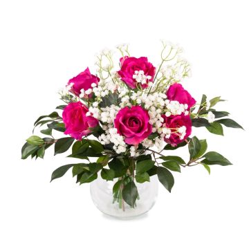 Artificial bouquet of roses and baby's breath ELLI, pink, 14"/35cm, Ø12"/30cm