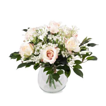 Artificial bouquet of roses and baby's breath ELLI, pink-white, 14"/35cm, Ø12"/30cm