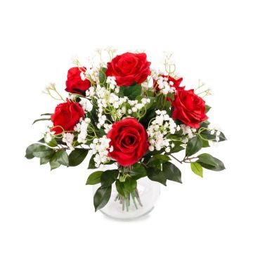 Artificial bouquet of roses and baby's breath ELLI, red, 14"/35cm, Ø12"/30cm