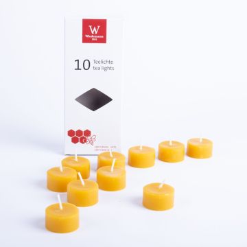 Beeswax tealight candles BABETTE, 10 pieces, natural-yellow, 0.8"/2cm, Ø1.5"/3,7cm, 4h - Made in Germany
