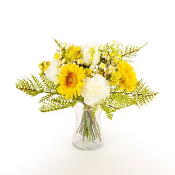 Decorative bouquet MALIA, gerbera, rose, carnation, yellow, 16"/40cm, Ø12"/30cm