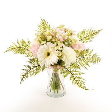 Decorative bouquet MALIA, gerbera, rose, carnation, white-pink, 16"/40cm, Ø12"/30cm