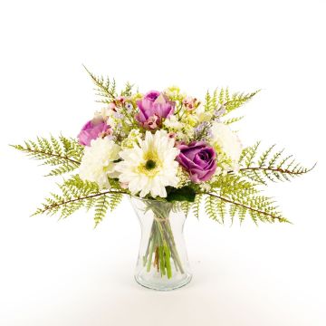 Decorative bouquet MALIA, gerbera, rose, carnation, white-purple, 16"/40cm, Ø12"/30cm