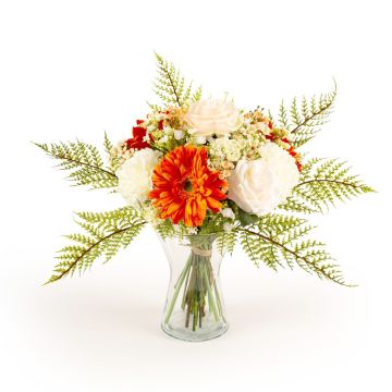 Decorative bouquet MALIA, gerbera, rose, carnation, orange, 16"/40cm, Ø12"/30cm