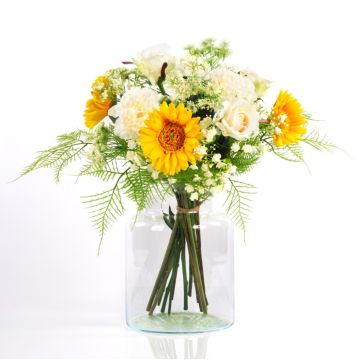 Decorative bouquet MALIA, gerbera, rose, carnation, yellow, 16"/40cm, Ø12"/30cm