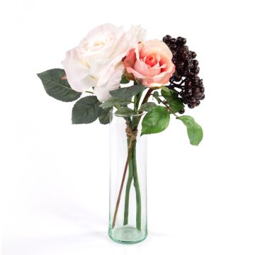 Artificial arrangement QUINZY, rose and berries, pink, 12"/30cm, Ø 5.9"/15cm