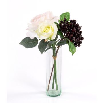 Artificial arrangement QUINZY, rose and berries, pink-white, 12"/30cm, Ø 5.9"/15cm