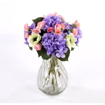 Decorative hydrangea bouquet PENELOPE anemone, purple-white, 12"/30cm, Ø 8"/20cm