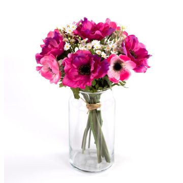 Decorative bouquet AIMEE, anemones and daisies, fuchsia-pink, 12"/30cm, Ø 8"/20cm