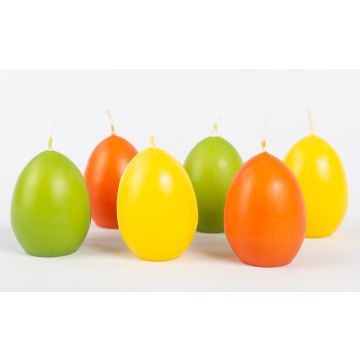 Easter egg candles LEONITA, 6 pieces, yellow-orange-green, 2.4"/6cm, 1.8"/4,5cm, 7h - Made in Germany