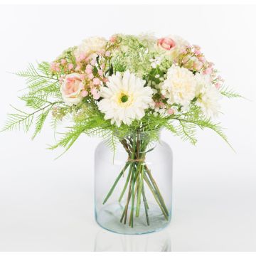 Decorative bouquet MALIA, gerbera, rose, carnation, white-pink, 16"/40cm, Ø12"/30cm