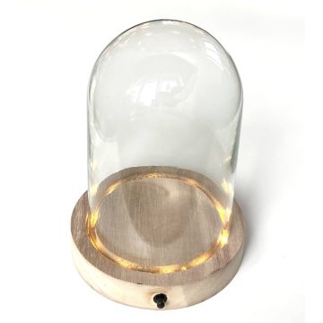 Glass bell jar BENIGNA with LEDs, wooden base, transparent, 10"/25cm, Ø7"/17cm